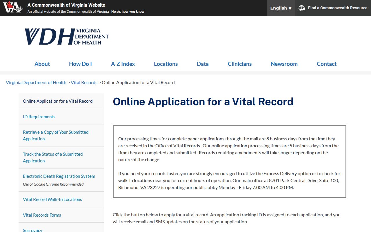 Virginia Beach residents directory statewide vital record application