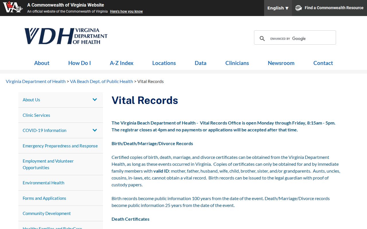 Virginia Beach residents directory vital records counter information