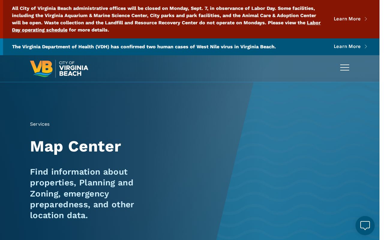 Virginia Beach street directory Map Center page with street, parcel, and GIS resources