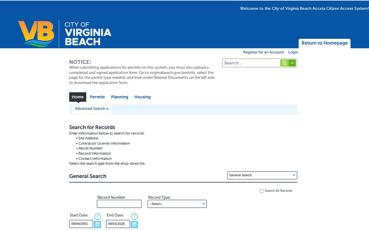Virginia Beach ZIP code directory Accela permit search controls